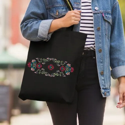 Embroidered Classical Two Flower Design On Black Jhola Bag