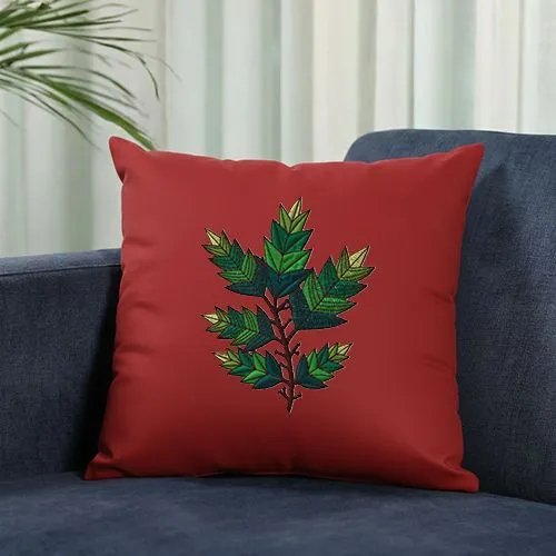 Embroidered Evergreen Leaves Design On Cushion Cover