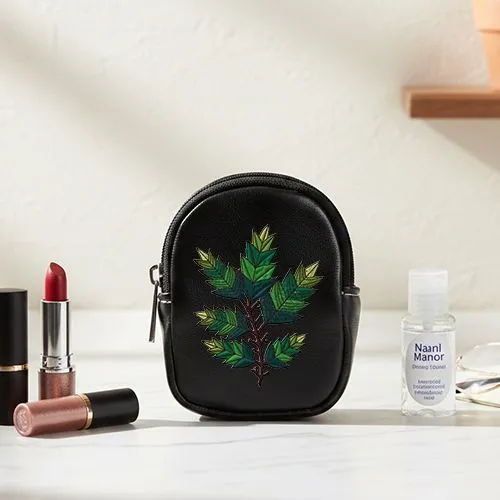 Embroidered Evergreen Leaves Design On Earphone Pouch
