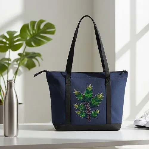 Embroidered Evergreen Leaves Design On Tota Bag