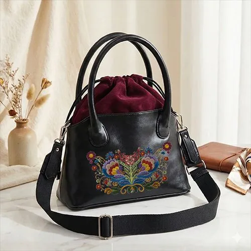 Embroidered Floral Wings Design On Bucket Black