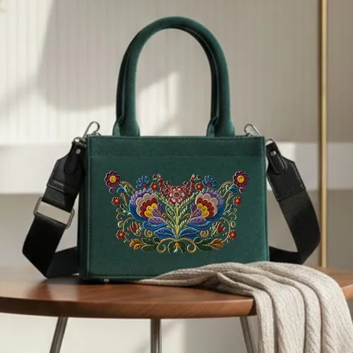 Embroidered Floral Wings Design On Green Handbag