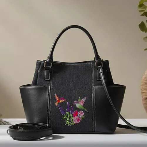 Embroidered Humming Birds Design On Bucket Bag