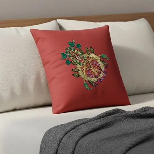 Embroidered Nature Knot Design On Red Cushion Cover