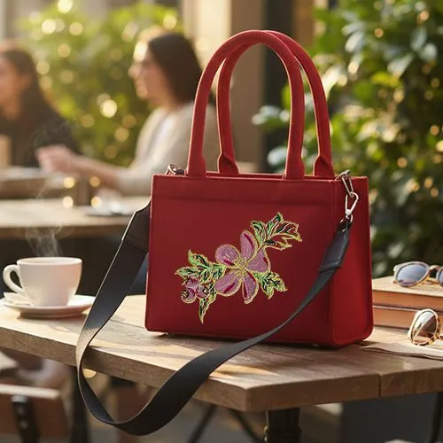 Embroidered Pink Hibicus Design On Red Velvet Bag