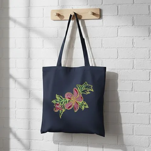 Embroidered Pink Hibiscus Design On Jhola Bag