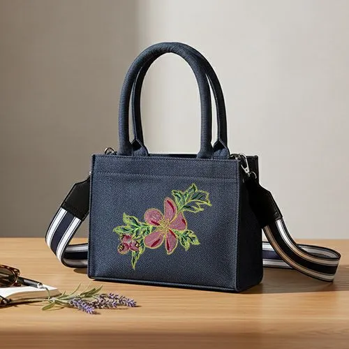 Embroidered Pink Hibiscus Design On Small Handbag