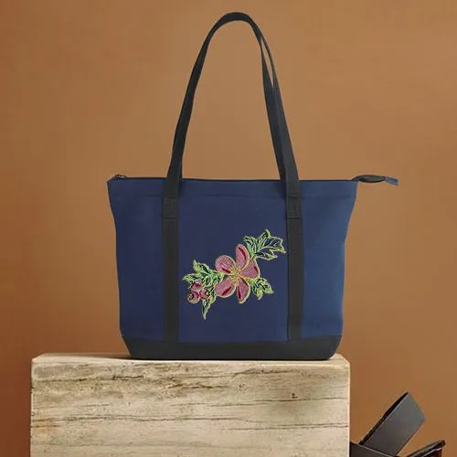 Embroidered Pink Hibiscus Design On Tota Bag