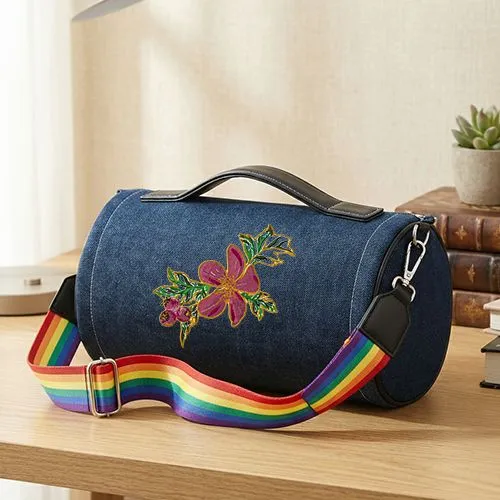 Embroidered Red Hibiscus Design On Dark Blue Demin Bag