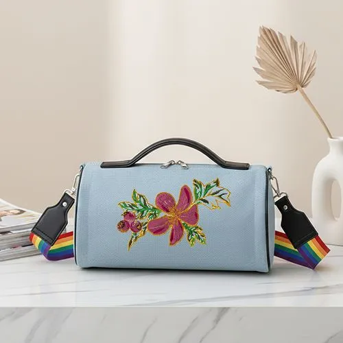 Embroidered Red Hibiscus Design On Duffle Bag