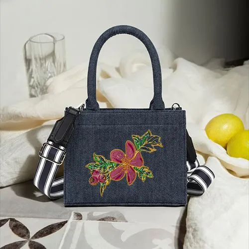 Embroidered Red Hibiscus Design On Small Handbag