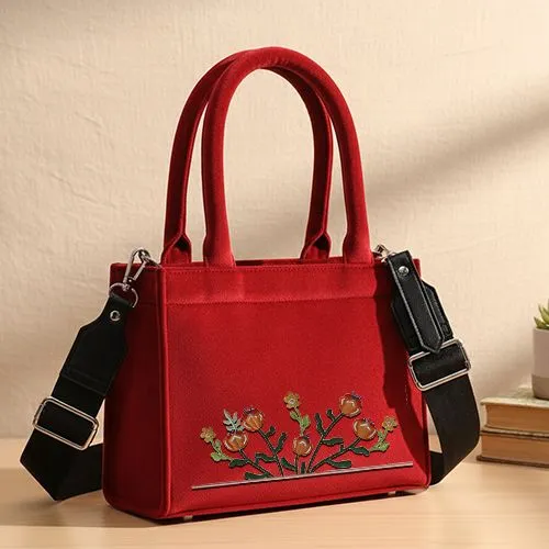 Embroidered Royal Gardern Line On Red Velvet Bag