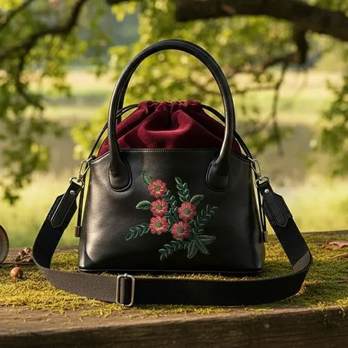 Embroidered Royal Leaf Bloom On Black Bucket Bag