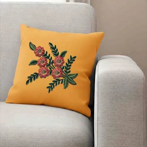 Embroidered Royal Leaf Bloom On Black Cushion Cover