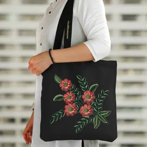 Embroidered Royal Leaf Bloom On Black Jhola Bag