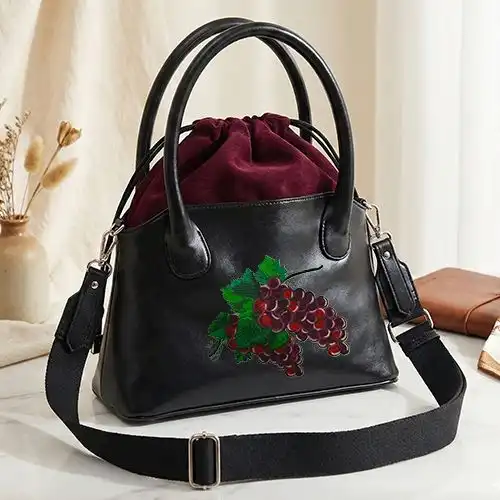 Embroidered Black Bucket Bag Purple Lush Grapes