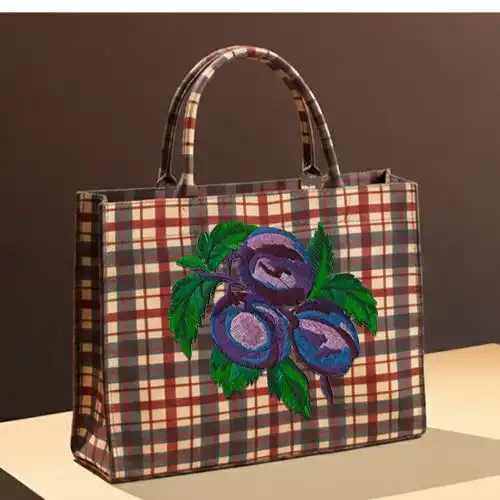 Embroidered Black Red Handbag Plum Cluster