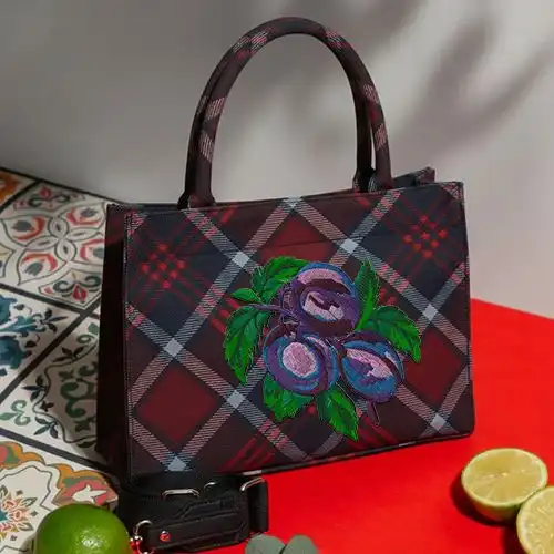 Embroidered Blacks Red Handbag Plum Cluster