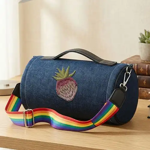 Embroidered Demin Duffle Bag Pink Berry