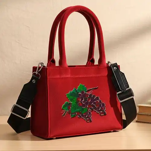 Embroidered Red Small Handbag Purple Lush Grapes