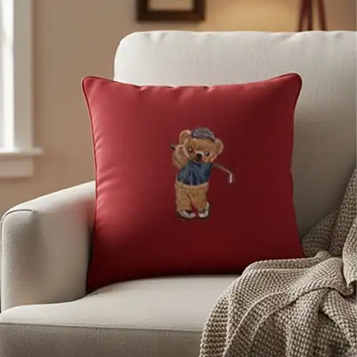 Embroidered Cushion Cover Junior Golfer Bear Design