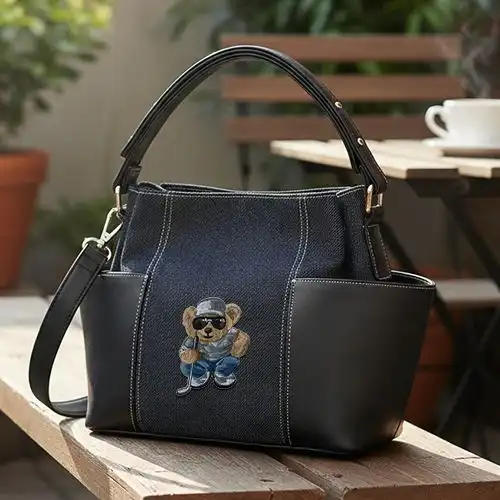 Embroidered Demin Bucket Bag Cool Golf Bear Design