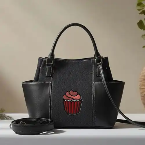 Embroidered Black Bucket Bag With Cupcake Swirl Design