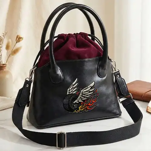 Embroidered Black Bucket Bag With Hell Tire Design