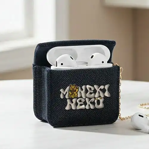 Embroidered Black Earphone Cover With Fortune Cat Patch Design