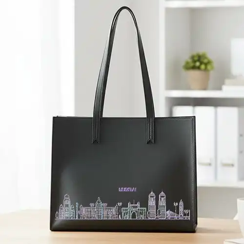 Embroidered Black Handbag With Mumbia Cityscape Design