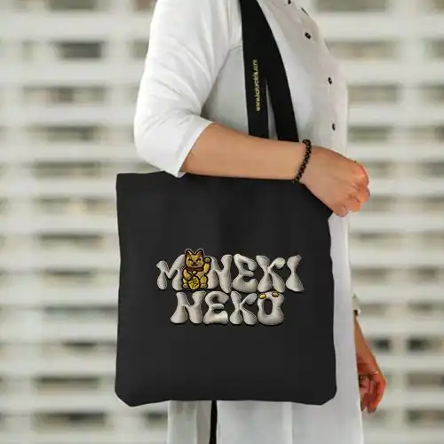 Embroidered Black Jhola Bag With Fortune Cat Patch Design