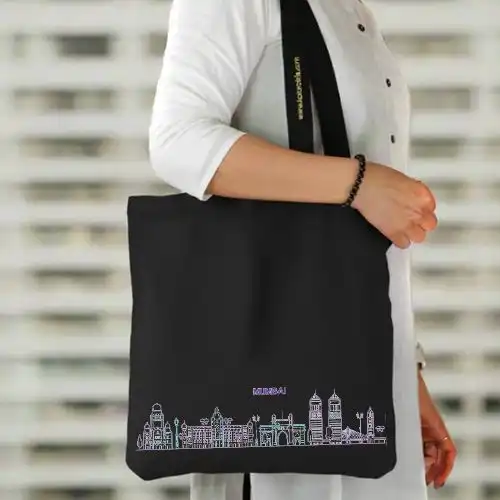 Embroidered Black Jhola Bag With Mumbia Cityscape Design