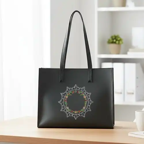 Embroidered Black Large Handbag With Floral Lace Frame Design