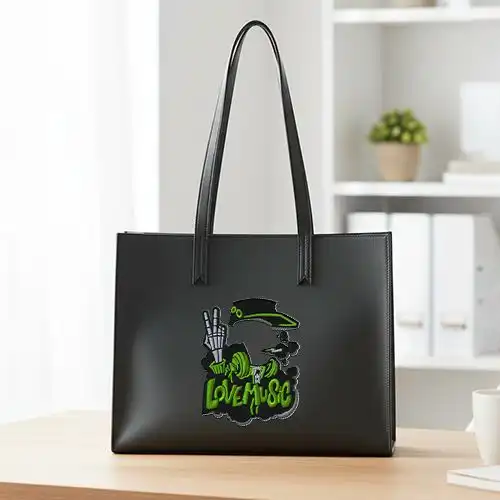 Embroidered Black Large Handbag With Groove And Bones Design