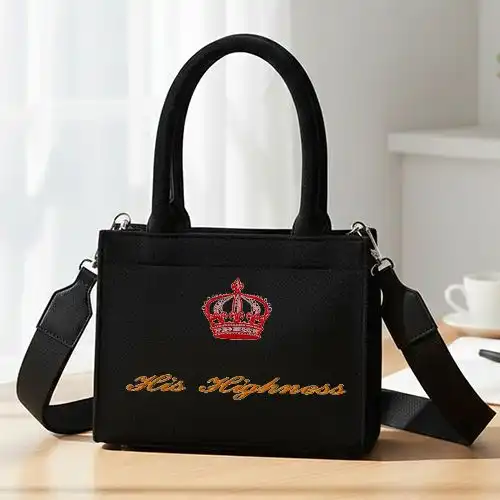 Embroidered Black Small Handbag With Crown Of Honor Design