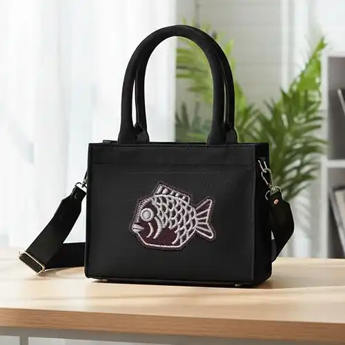 Embroidered Black Small Handbag With Japanease Taiyaki Charm Design