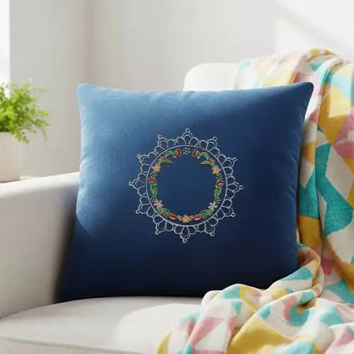 Embroidered Blue Cushion Cover With Floral Lace Frame Design