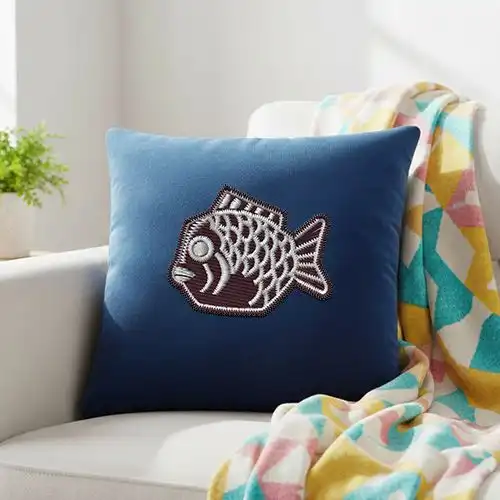 Embroidered Blue Cushion Cover With Japanease Taiyaki Charm Design