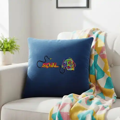 Embroidered Blue Cushion Cover With Sonic Skull Design