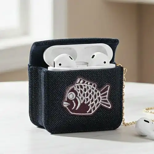 Embroidered Blue Earphone Cover With Japanease Taiyaki Charm Design