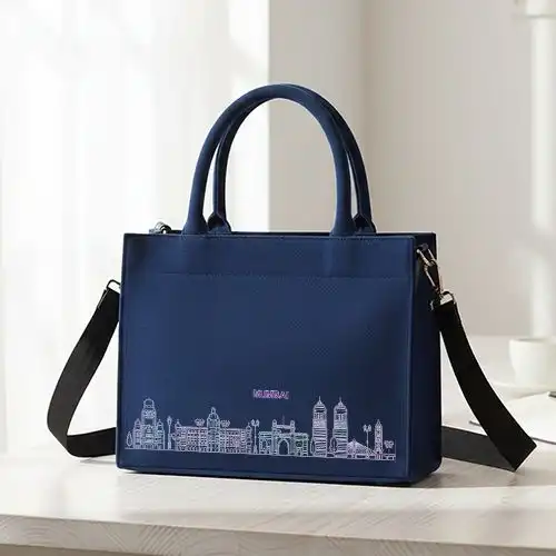 Embroidered Blue Hnadbag With Mumbia Cityscape Design