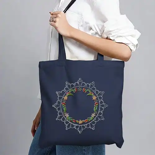Embroidered Blue Jhola Bag With Floral Lace Frame Design