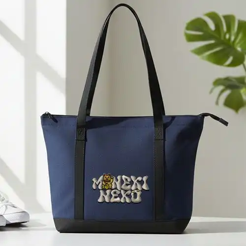 Embroidered Blue Jhola Bag With Fortune Cat Patch Design