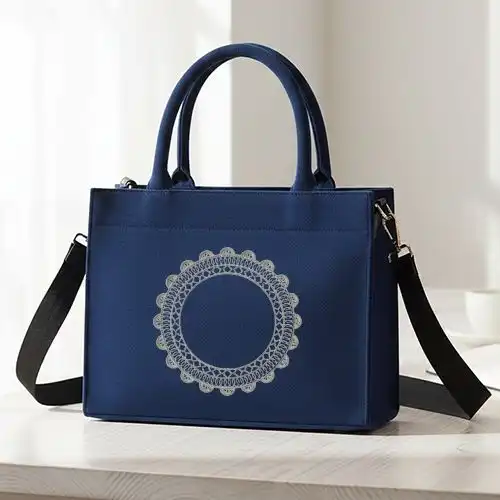 Embroidered Blue Large Bag With Floral Lace Ring Design