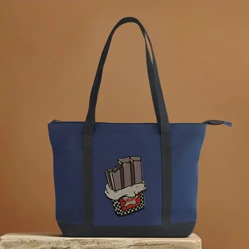 Embroidered Blue Large Handbag With Sweet Treat Bar Design