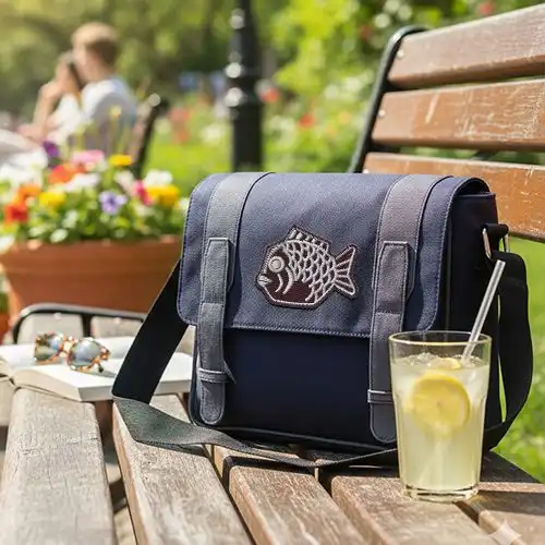 Embroidered Blue Messagener Bag With Japanease Taiyaki Charm Design