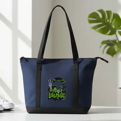 Embroidered Blue Tote Handbag With Groove And Bones Design