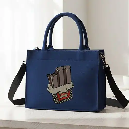 Embroidered Blue Tote Handbag With Sweet Treat Bar Design