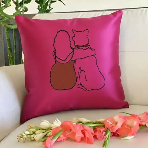 Embroidered Cushion Cover With Girl And Paw Design
