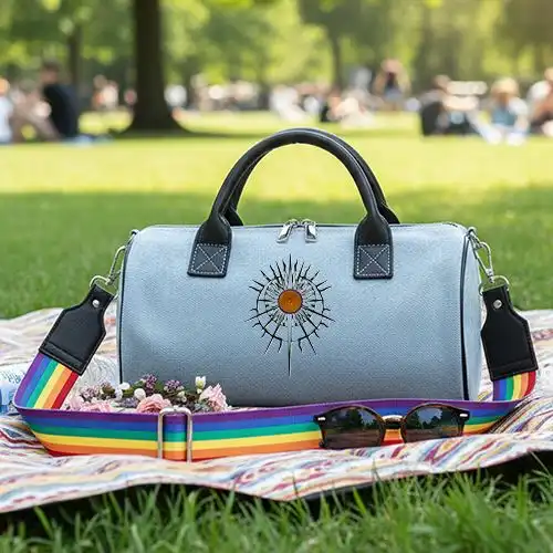 Embroidered Demin Duffle Bag With Radient Eclipse Design